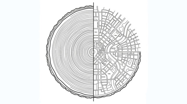 A creative conceptual illustration showing a tree ring cross section merging into a city street map layout.
