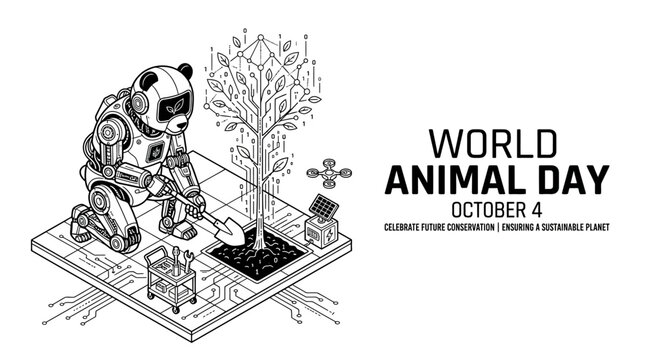 A robotic panda planting a digital tree in a futuristic isometric setting.