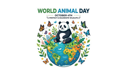 A cute panda sitting on top of a colorful globe surrounded by butterflies and plants. © Avis_Sunani