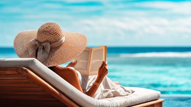 Rear view of woman in straw hat relaxing on sun lounger by pool and reading book at tropical beach resort.