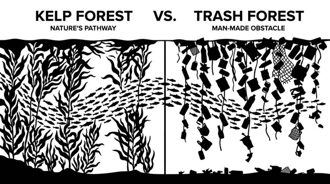 A comparative illustration showing the contrast between a natural kelp forest and a man made trash forest.