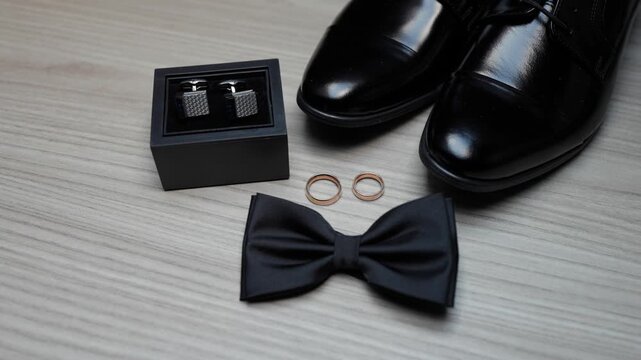 Stylish close-up shot of groom&rsquo;s black shoes, wedding rings, bow tie, and cufflinks on wood surface. Soft lighting highlights luxury and timeless elegance for wedding themes.