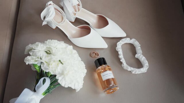Flat lay shot of stylish bridal accessories: white pearl-embellished heels, floral bouquet, gold rings, perfume and silk garter on soft brown background in gentle natural light. (199 characters)