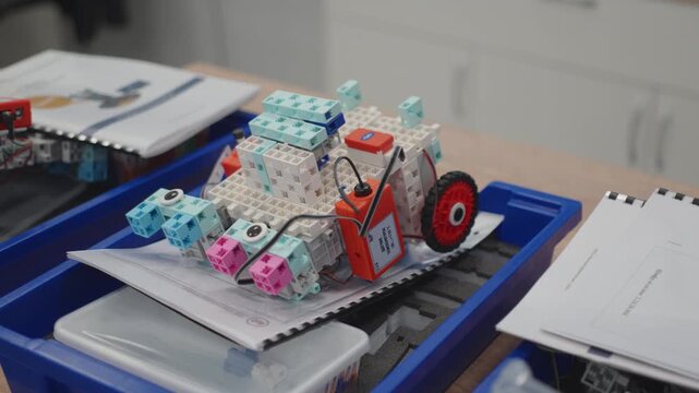 Toy programmable robot built from plastic constructor blocks sits in tray. Smart programming equipment inspires children creative learning