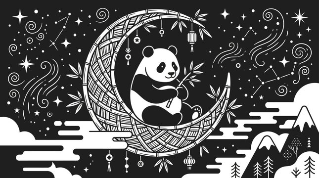 A cute panda sitting peacefully on a crescent moon holding a bamboo stalk.