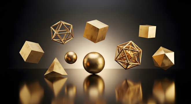 3d render of various golden geometric shapes floating against a dark background with reflective surface