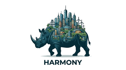 A majestic rhinoceros carrying a miniature modern city skyline on its back. © Avis_Sunani