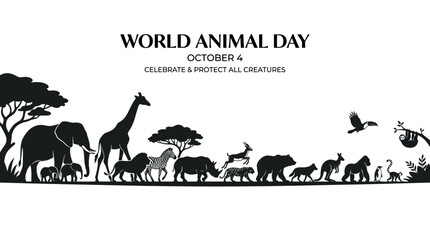 Silhouettes of diverse wild animals arranged in a horizontal line for World Animal Day. © Avis_Sunani
