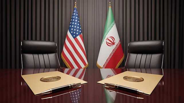 International negotiation meeting table with united states and iran flags