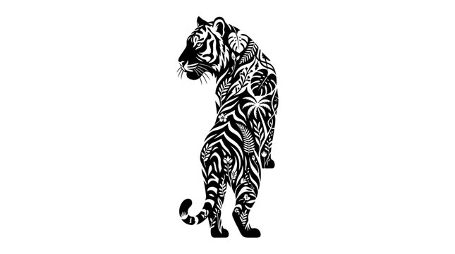 Artistic black and white illustration of a tiger with intricate tropical leaf patterns.