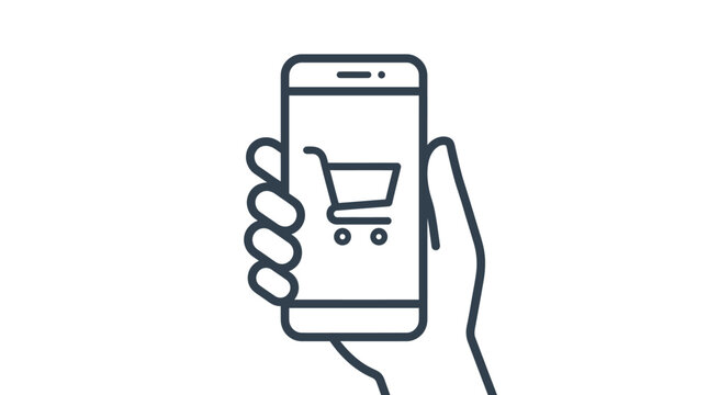 Minimalist line art illustration featuring a human hand holding a mobile smartphone device showing a simple shopping cart icon for digital commerce and online retail concepts displayed in a clean grap