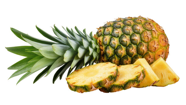 Whole pineapple with green leaves and slices