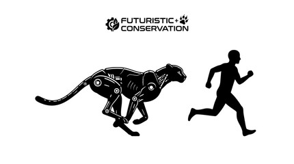 A robotic cheetah running alongside a human silhouette representing futuristic conservation efforts. © Avis_Sunani