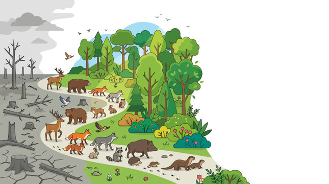 A diverse group of forest animals migrating from a deforested area into a lush green woodland.