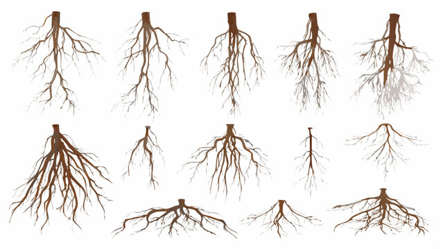 A collection of exposed plant roots illustrated in a vector style with a light colored background botanical root system tree structure