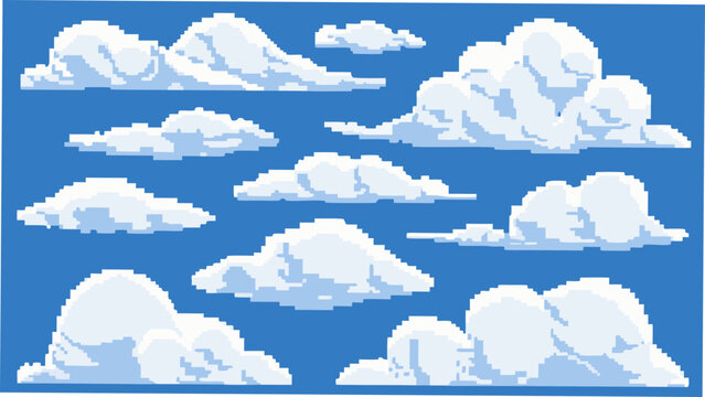 A collection of white pixelated clouds against a bright blue background a digital weather illustration cloudscape cloud formations cumulus pixel art