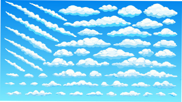 A collection of fluffy white clouds against a vibrant blue gradient background a vector illustration cloudscape cumulus cirrus stratocumulus cloud formations