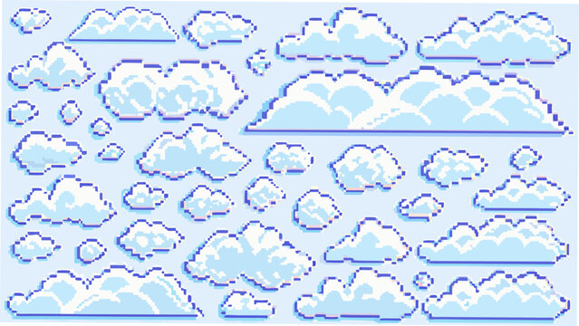 Pixelated clouds vector illustration with a light blue background displaying a retro digital aesthetic 8 bit atmospheric azure blocky celestial cloudscape computer