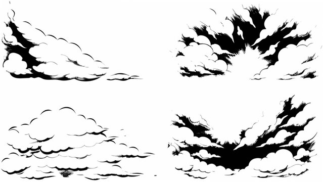 Four black silhouette cloud formations a vector illustration with dramatic shapes and a white background atmospheric effect cloud collection cloud formation cloudscape cumulus dramatic sky