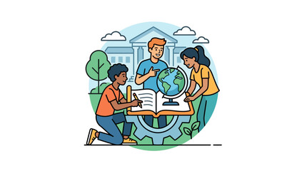 Three diverse students collaborating on a geography project with a globe and open textbook. © caca