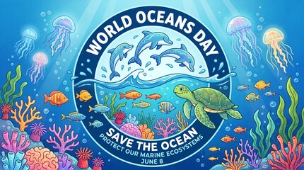 Obraz premium This is a beautiful, educational poster design for World Oceans Day, featuring a circular frame that highlights key marine species like sea turtles and dolphins against a lush coral reef background