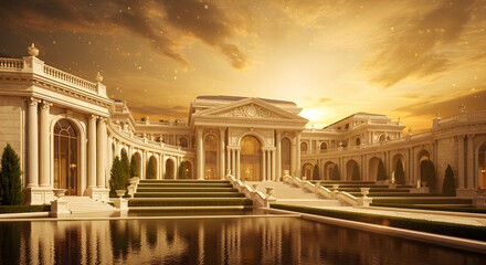 Obraz premium Grand neoclassical mansion with symmetrical architecture, majestic columns, and a reflecting pool at sunset, luxury estate exterior design