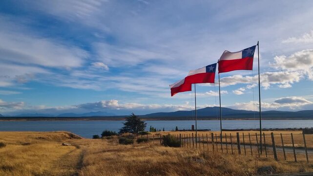 Three Chilean flags swaying in the evening breeze against a deep blue sky above the calm waters of Seno de &Uacute;ltima Esperanza near Puerto Natales, Chile, evoking quiet national pride