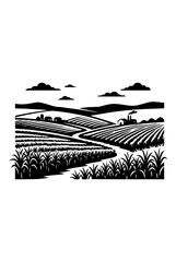 Naklejka premium Black and White Woodcut Style Rural Farm Landscape Illustration