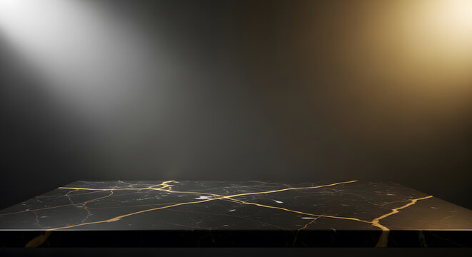 Empty black marble table top with golden veins against a dark background with soft spotlighting, perfect for product display and presentation