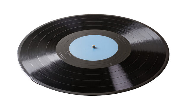 Black vinyl record with light blue label and metal spindle