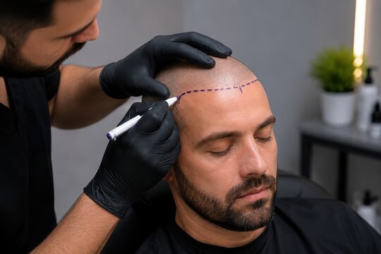 Practitioner drawing hairline before scalp micropigmentation treatment
