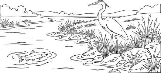Obraz premium Great blue heron standing by a river bank coloring page, serene wetland landscape with fish and reeds, black and white nature vector illustration