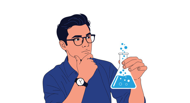 Intelligent scientist wearing glasses and a lab coat looking at a chemical flask with blue liquid in a laboratory.