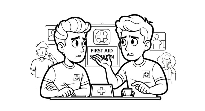 Two young men learning first aid on computers together.