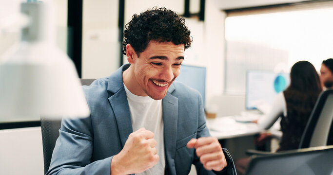 Business, success or man in agency with laptop, promotion offer or good news in investor update. Happy, tech or finance consultant with fist pump, career growth or funding opportunity in feedback.