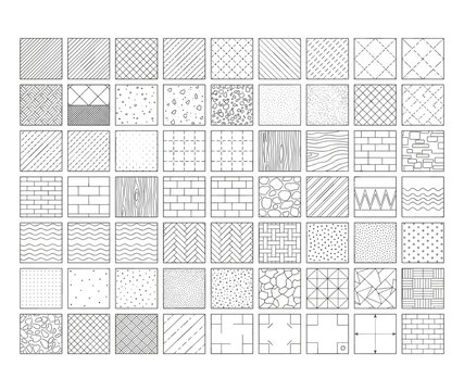Architectural hatch patterns set, 70 vector swatches for technical drawing, CAD texture library with wood grain and brick masonry fills