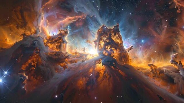 A vibrant and colorful depiction of a distant, celestial cosmic nebula scene