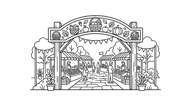A detailed black and white line art illustration of a festive autumn farmers market entrance.