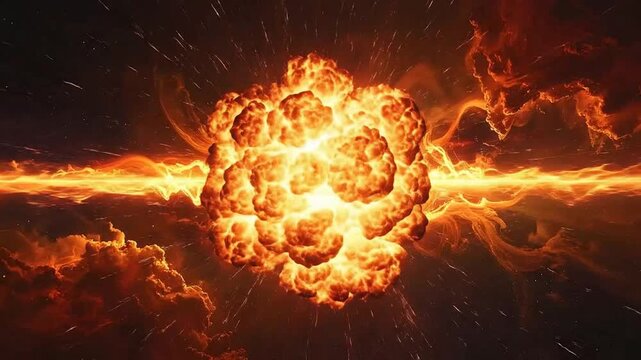 A bright celestial body surrounded by fiery clouds in a vast, dark expanse