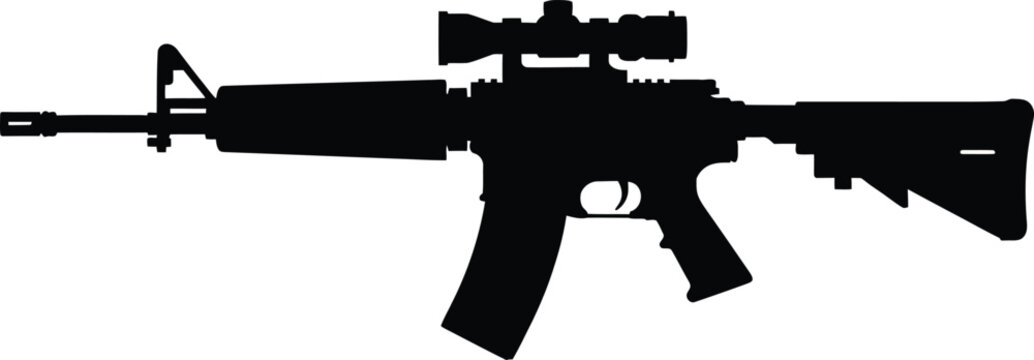Silhouette of a modern assault rifle with scope and accessories