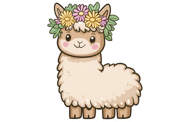 Naklejka premium Cute Cartoon Alpaca Wearing a Beautiful Flower Crown