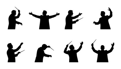 Orchestra Conductor Silhouettes Collection, Maestro Baton Gestures, Music Performance Poses, Classical Ensemble Leader Actions, Set of 8 Vector Icons © Rakib