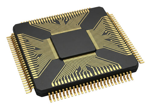 Matte black processor chip with gold contact pins and detailed circuit traces isolated transparent background image