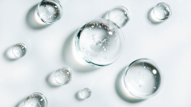 Macro shot of clear drops of cosmetic gel or serum with bubbles on a light background.