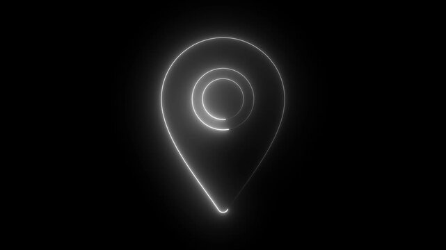 Abstract location glowing neon icon fast tracking map pin icon animation.glowing neon location animation icon searching place address travel direction road signs map animated on black background.