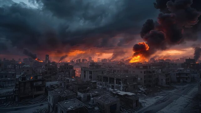 Burning city skyline with dark smoke and glowing fires at sunset dramatic apocalyptic atmosphere