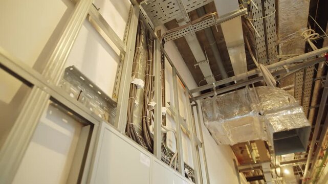 Metal profile frames and exposed ceiling ventilation line long bright corridor. Messy indoor site creates active engineering atmosphere