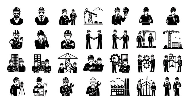 Set of construction and industrial engineer icons featuring workers in helmets and heavy machinery construction engineer industry machinery industrial building teamwork architecture business