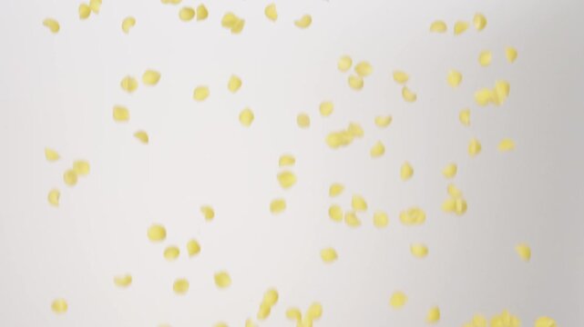 Dry uncooked Macaroni Conchiglie Shells raining down on a white backdrop in slow motion close up macro.