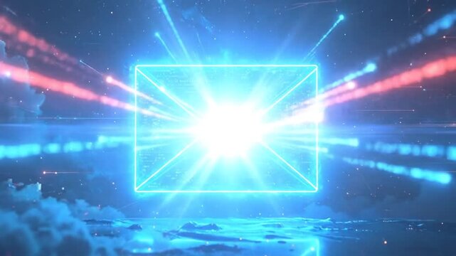 Abstract digital envelope with glowing lines and data transfer in the night sky